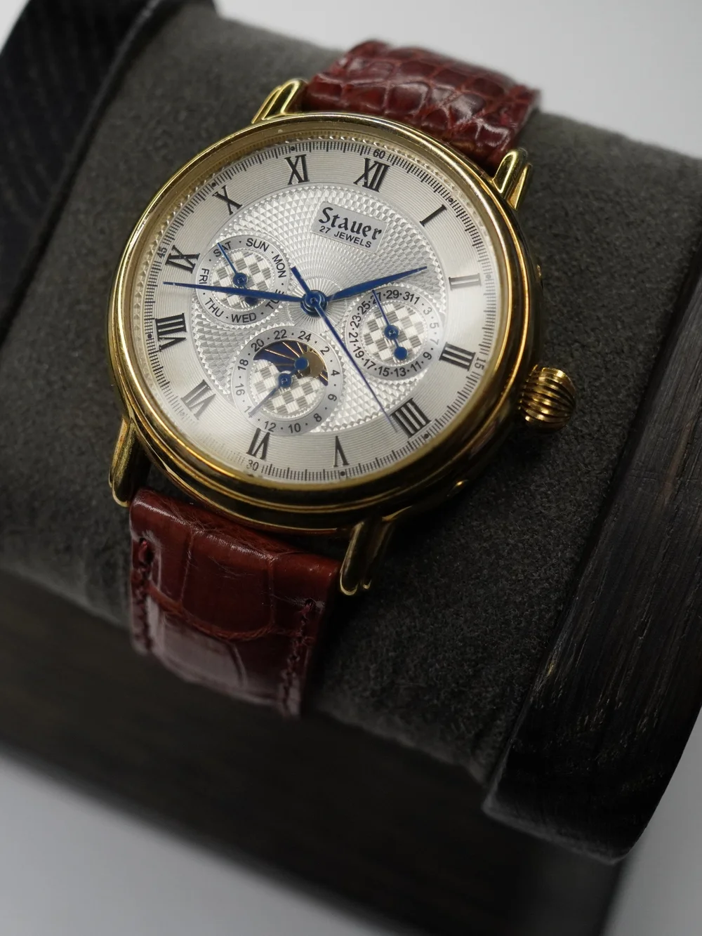 Stauer 13452 Automatic 27 Jewels Day Date 24-Hour Gold Tone Silver Dial